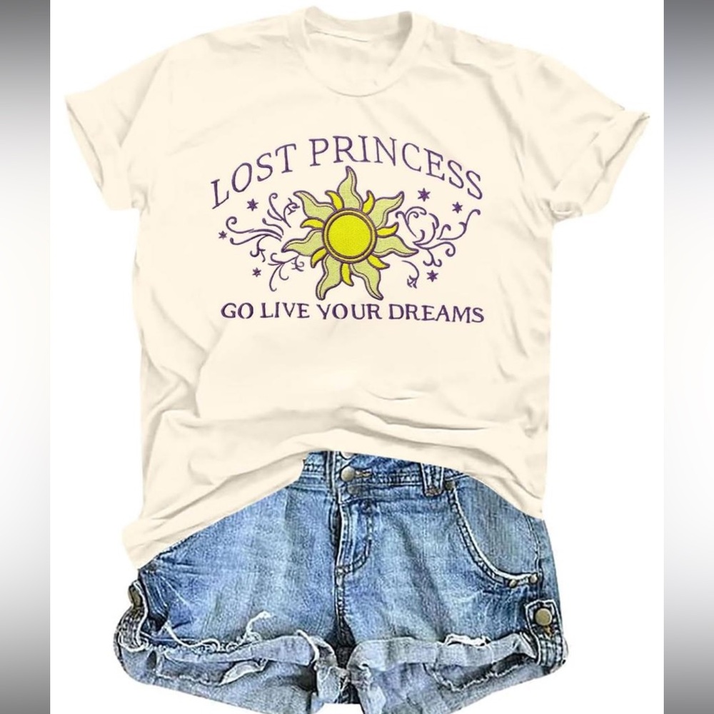 Lost Princess‎ Embroidered Sun Tee Beige L Tangled Inspired Graphic Shirt NEW